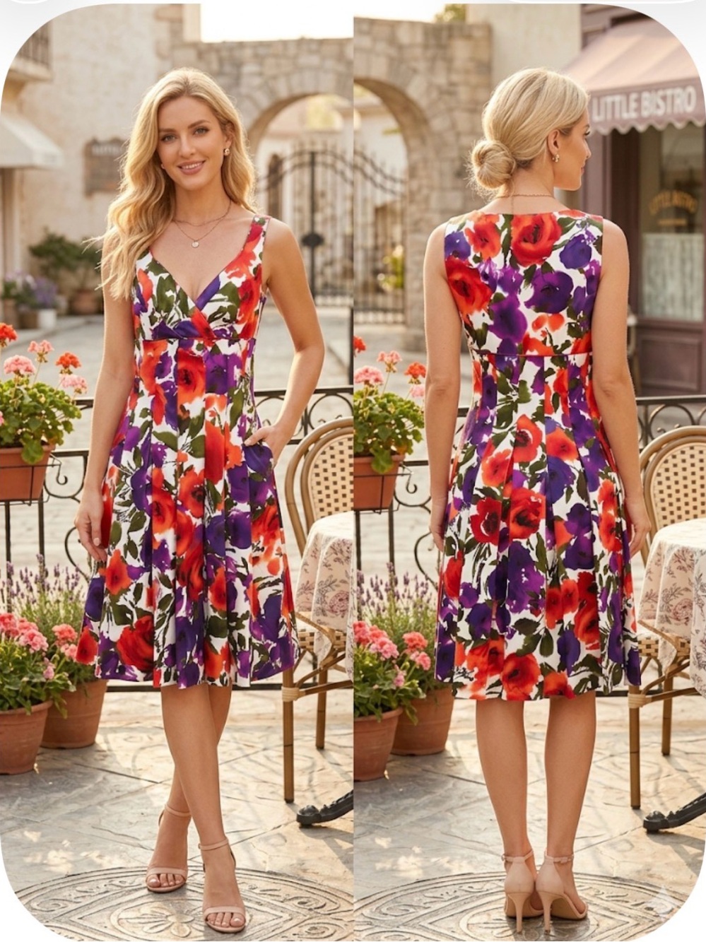 Ralph Lauren Sleeveless Floral V-Neck Midi Dress in Red & Purple